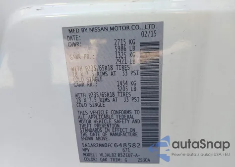 2015 Nissan Pathfinder S z USA, uszkodzony, nr VIN 5N1AR2MN0FC648582